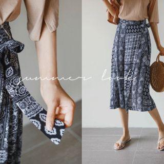 Band-waist Patterned Midi Wrap Skirt