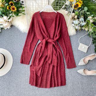 Long-sleeve Front-knot Midi Sheath Knit Dress