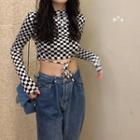 Long-sleeve Checkerboard Tie-waist Cropped T-shirt T-shirt - Plaid - Black & White - One Size