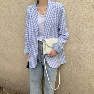 Single Breasted Checked Blazer Gingham - White & Blue - One Size