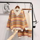 Set: Striped V-neck Sweater + Knit Pencil Skirt