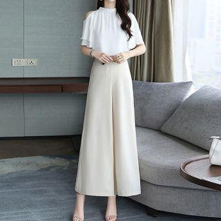 Set: Cold-shoulder Ruffled Blouse + Wide Leg Pants