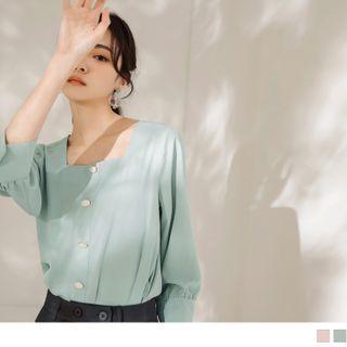 Long-sleeve Square Neck Plain Chiffon Blouse