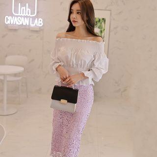Off Shoulder 3/4-sleeve Top / Lace Midi Fitted Skirt