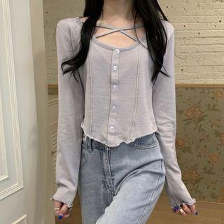 Long-sleeve Cross Strap Knit Crop Top