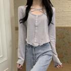 Long-sleeve Cross Strap Knit Crop Top