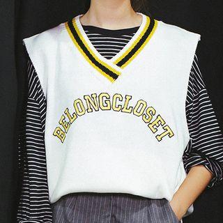 Letter Embroidered V-neck Knit Vest