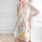 Flower Embroidered Lace 3/4-sleeve A-line Dress