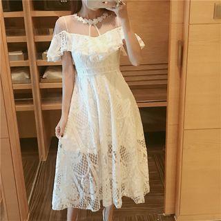 Short-sleeve Mesh Panel Midi A-line Lace Dress
