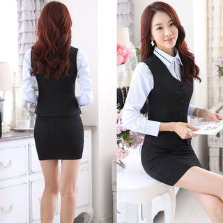 Set: Plain Vest + Long-sleeve Blouse + Mini Skirt