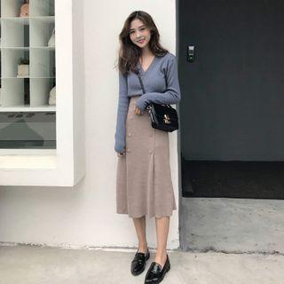 Set: Long-sleeve Button Knit Top + Midi A-line Skirt