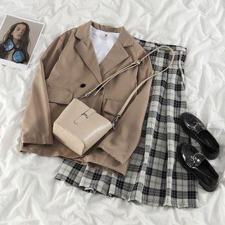 Double Breasted Coat / Plaid Midi Skirt