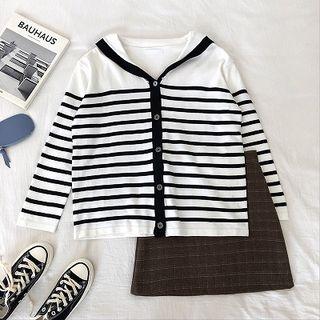 Color-block Striped Single-breasted Long-sleeve Cardigan White - One Size