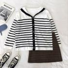 Color-block Striped Single-breasted Long-sleeve Cardigan White - One Size