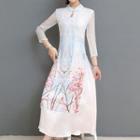 3/4-sleeve Floral Print Qipao Midi Dress