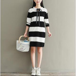 Tie Neck Striped Long Sleeve Knit Dress