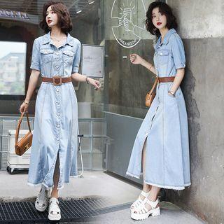 Elbow-sleeve Denim Maxi Shirtdress