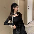 Long-sleeve Lace Panel T-shirt Black - One Size