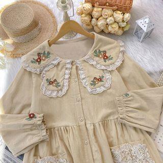Long-sleeve Collared Eyelet Trim Midi A-line Dress