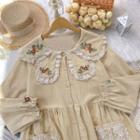 Long-sleeve Collared Eyelet Trim Midi A-line Dress
