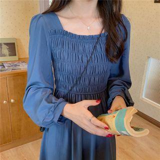 Long-sleeve Square-neck Midi Smock Dress
