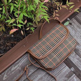 Pleather-trim Plaid Flap Shoulder Bag One Size