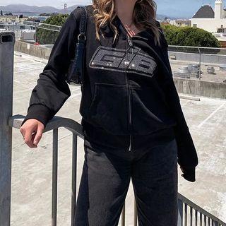 Rhinestone Hooded Zip Jacket