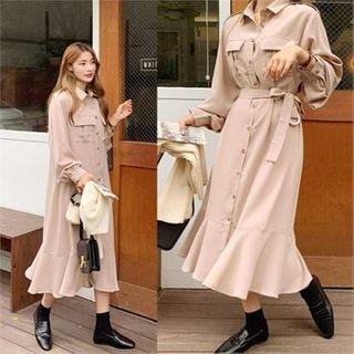 Belted Ruffled Midi Shirtdress