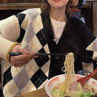 Argyle Print Panel Cardigan Argyle - Black & Gray & White - One Size