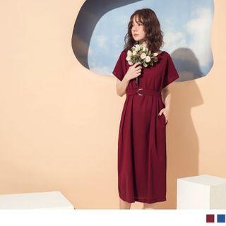 Plain Belted Waist Chiffon Midi Dress