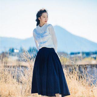 Long-sleeve Paneled Blouse / Shirred Midi Skirt