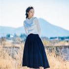 Long-sleeve Paneled Blouse / Shirred Midi Skirt