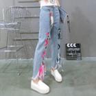 Lace-up Distressed Straight-leg Jeans
