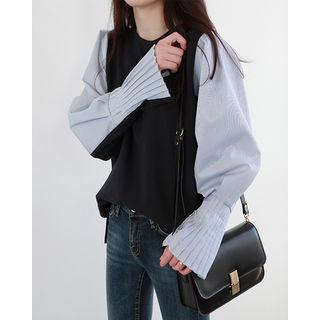 Pleat-cuff Stripe-sleeve Top