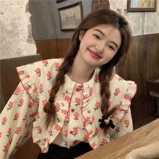 Puff-sleeve Print Frill Trim Blouse