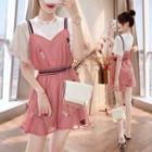 Set: Studded Short-sleeve T-shirt + Spaghetti-strap Embroidered Playsuit