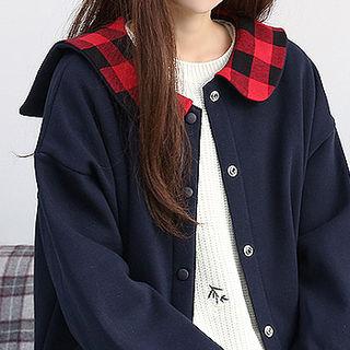 Check-collar Brushed-fleece Lined Cardigan