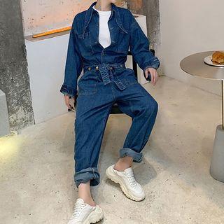 Denim Shirt Jumpsuit With Sash