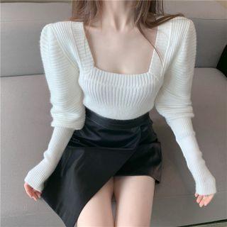 Puff-sleeve Square-neck Plain Knit Top