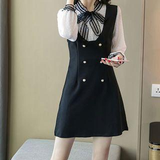 Mock Two-piece Bow Accent Long-sleeve Mini A-line Dress