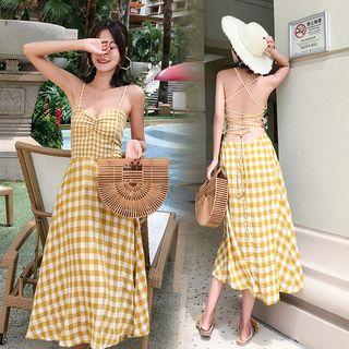 Strappy Open-back Gingham Midi A-line Dress