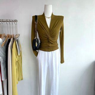 V-neck Plain Bow Cropped Top