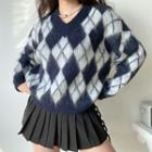 Argyle Check V-neck Sweater Navy Blue - One Size