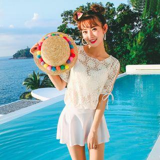 Set : Plain Bikini + Cover-up Top + Skirt