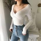 Deep V-neck Long-sleeve Cropped Knit Top