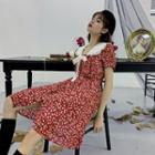 Short-sleeve Ribbon Floral A-line Mini Dress As Shown In Figure - One Size