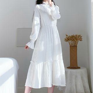 Bell-sleeve High-neck Plain Layered Dress