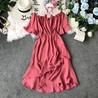 Off-shoulder Asymmetric-hem Halter Dress