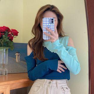 Long-sleeve Cold Shoulder Two-tone Crop Top