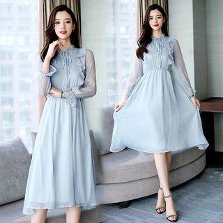 Long-sleeve Ruffle A-line Chiffon Dress